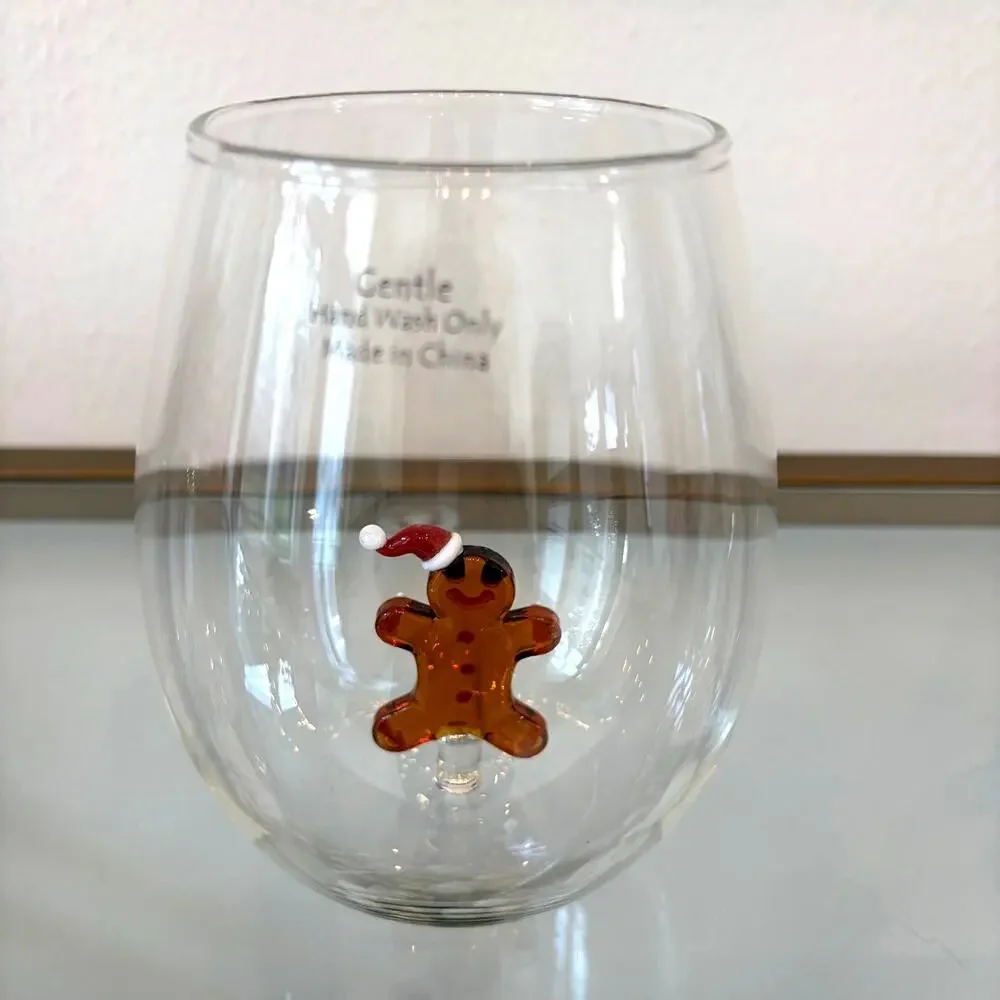 Gingerbread Man Stemless Wine Glass 3D Festive Holiday Barware NEW